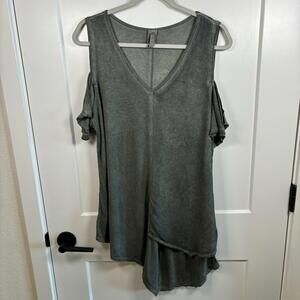 XCVI Women's XL Asymmetrical Open Shoulder Top Oil Wash Gray Lagen Look Bohemian